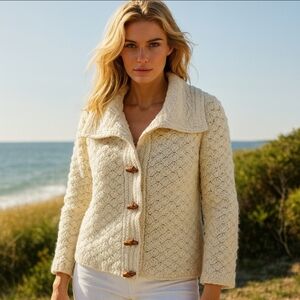 Handknit Coastal Fisherman Sweater Size M Wooden Buttons Nautical Knit Cardigan